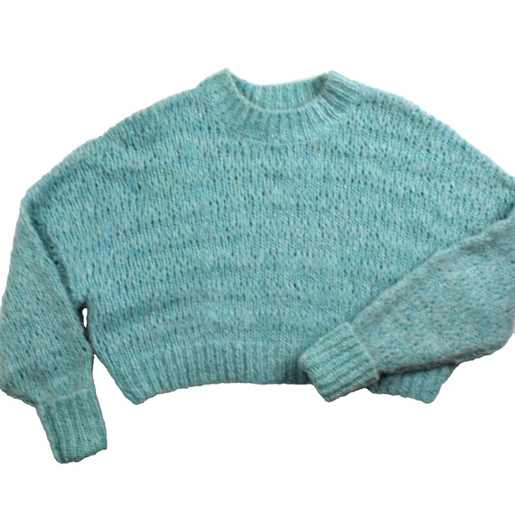 Aritzia Wilfred Sweater Alpaca Wool Medium Blue Cropped Fuzzy Chunky Knit Boxy - Picture 9 of 9